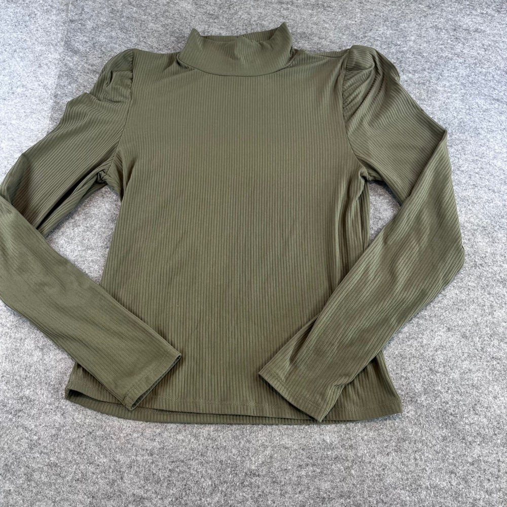 Planet Gold Women Mock Neck Olive Green Ribbed Puff Sleeve Top Medium Minimalist